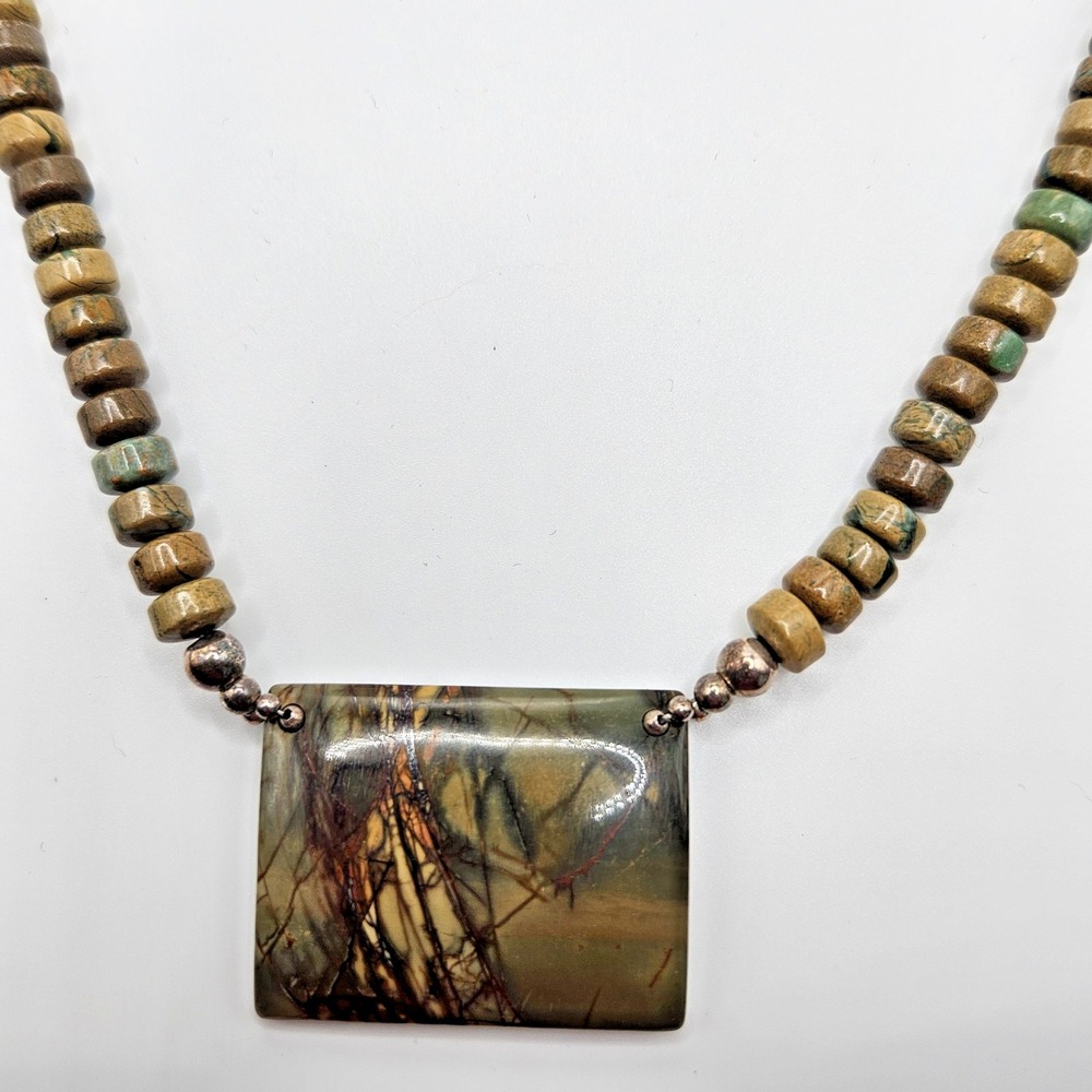 Cherry Creek Jasper Pendant Necklace Stone Beads Sterling Silver Clasp 20"
